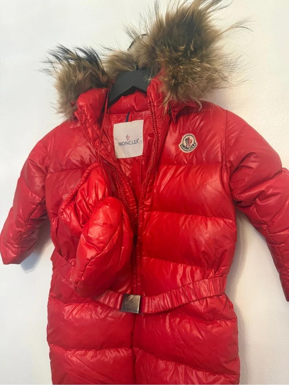 Moncler Kids Red Puffer Coat with Fur-Trim Hood